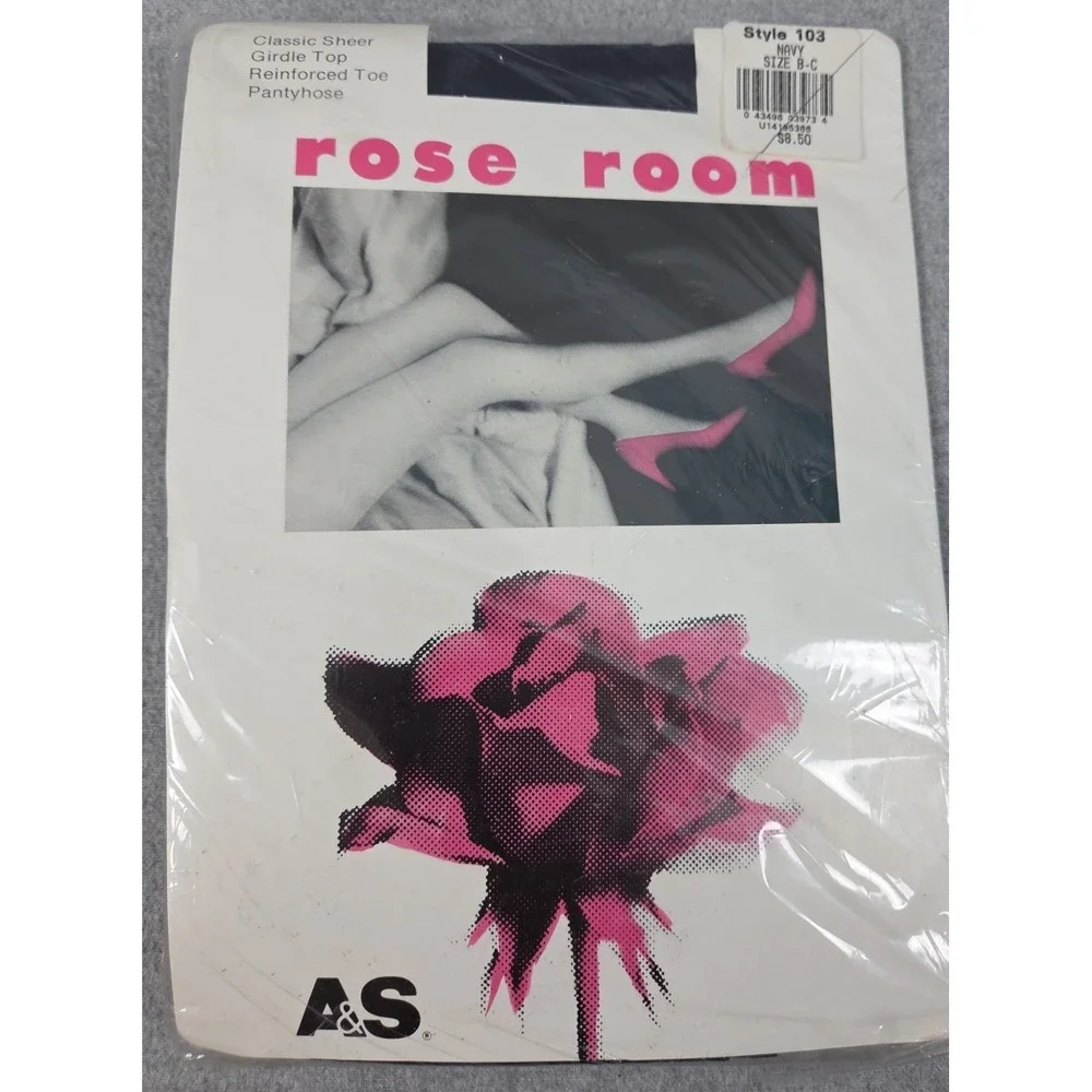 Abraham & Strauss A&S Vintage Rose Room Navy Control Pantyhose Size B-C Vintage